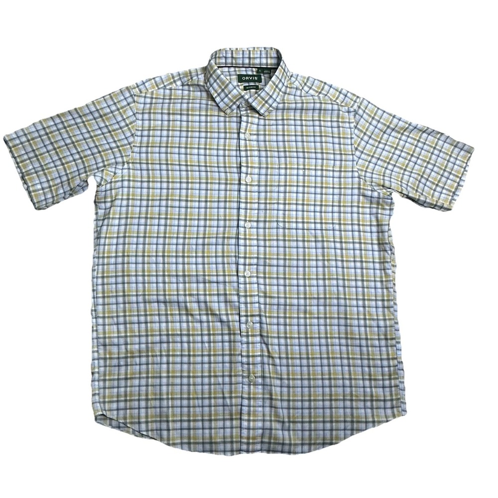 Orvis Men Size L Yellow Gray Cotton Stretch Plaid Classic Fit Short Sleeve Shirt
